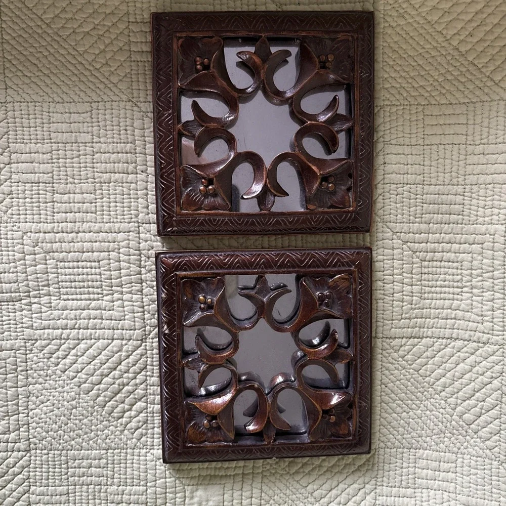 Set Bronze Color Mirrored Wall Plaques w/Floral Scrollwork Boho MCM 5.5